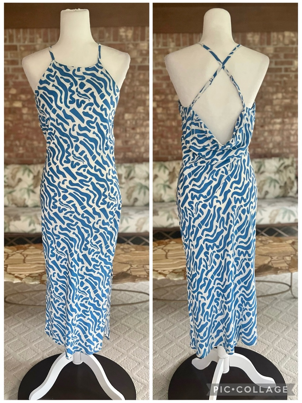 Band of the Free Blue White Stappy Draped Back Midi Dress M Sundress Chic
